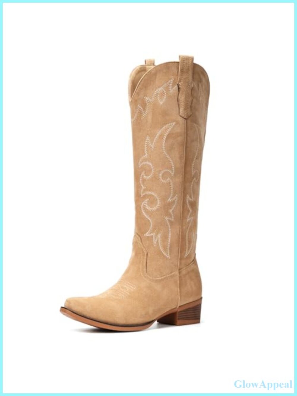 Faux Suede Knee High Western Cowboy Boots Pointed Toe Floral Embroidery